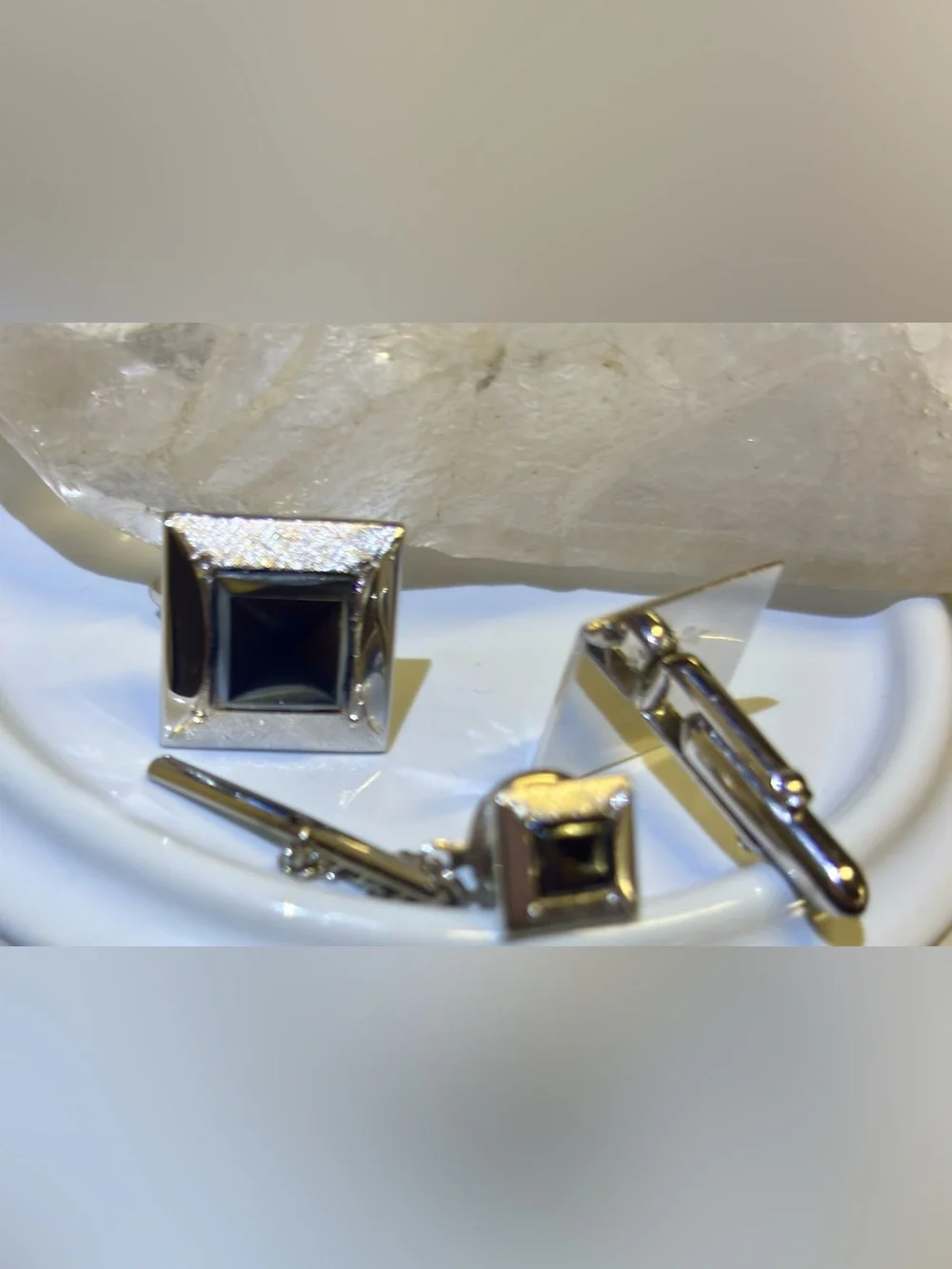 Vintage Swank Mid Century Modern Square Black Onyx Silver Tone Cufflinks MCM